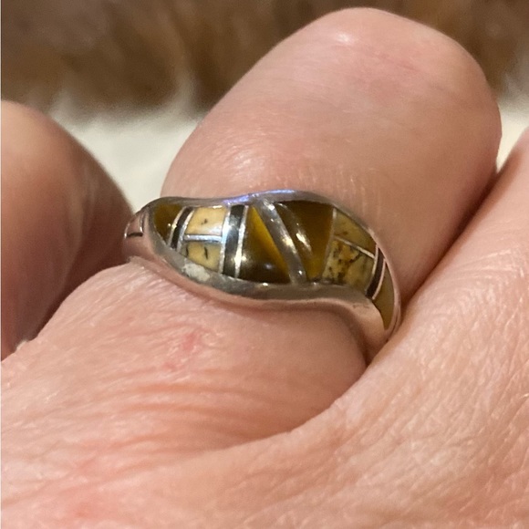 Navajo inlay ring by Teme tiger eye, picture jasper. Sterling silver - Picture 2 of 4